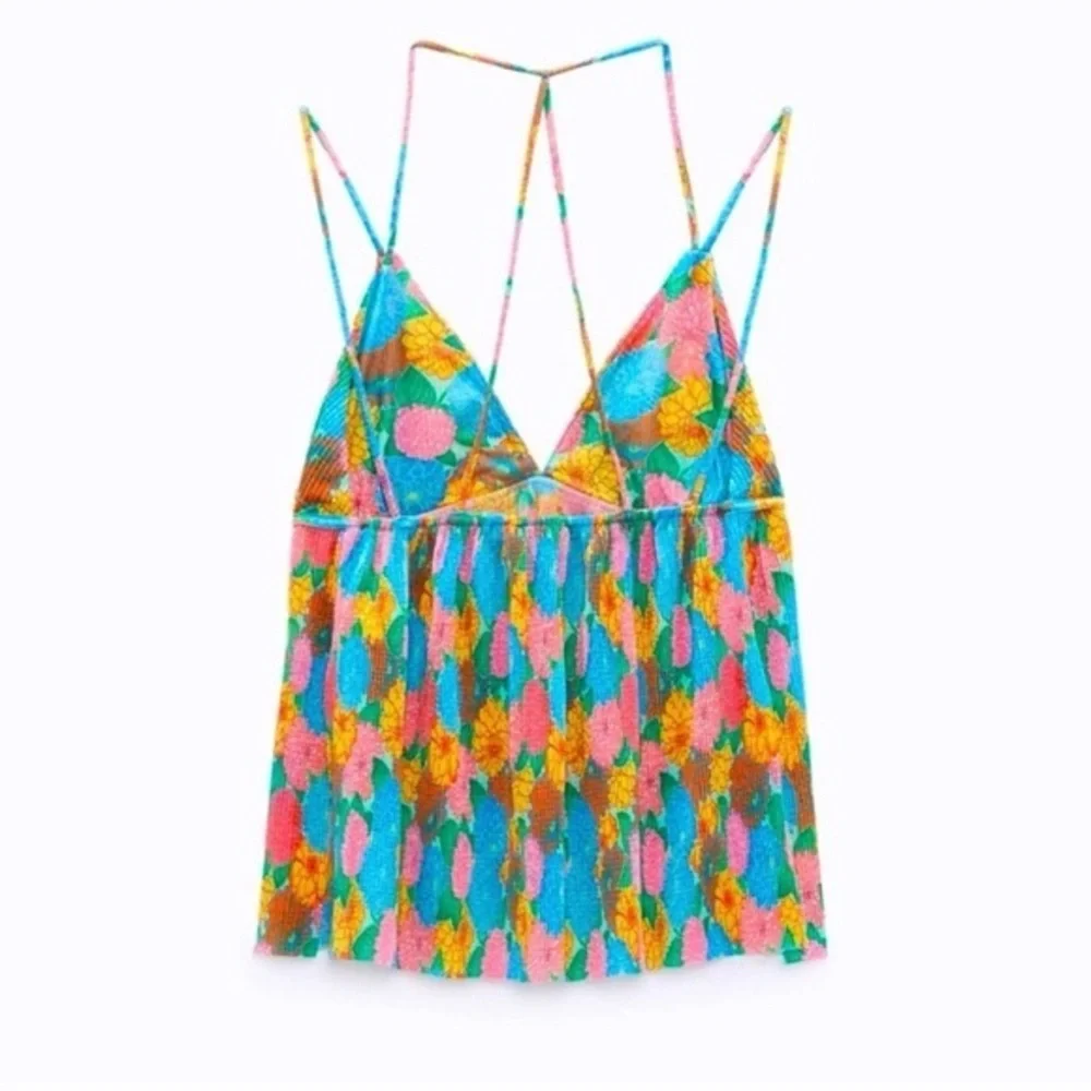 Zara Womens Pleated Strappy Flowy Top Tank Multi-Color Floral 5039/389 Size‎ S